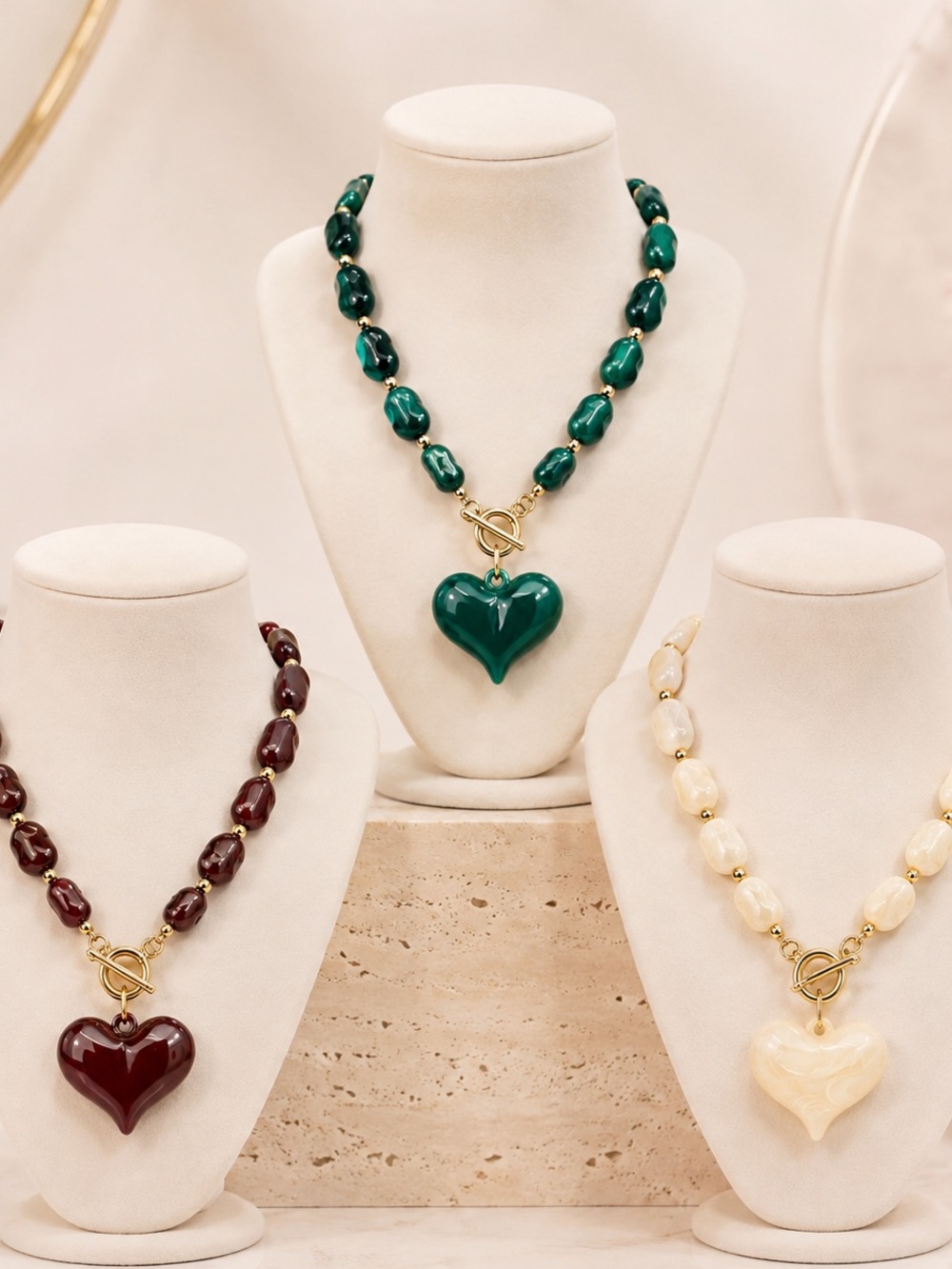 TRIO set of 3 brown vainilla and Emerald Heart Bead Necklace - Pendant Jewelry